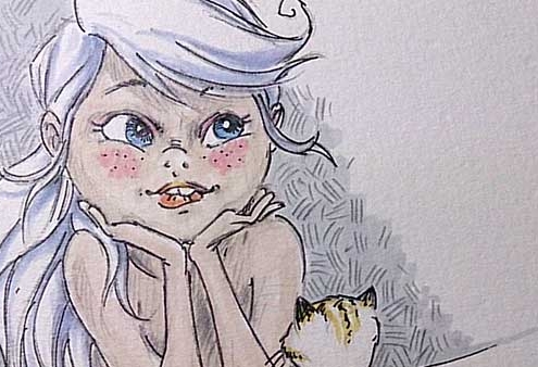 Mädchen gedankenversunken mit Katze - Daily Illu Tag 57 - Ausschnitt