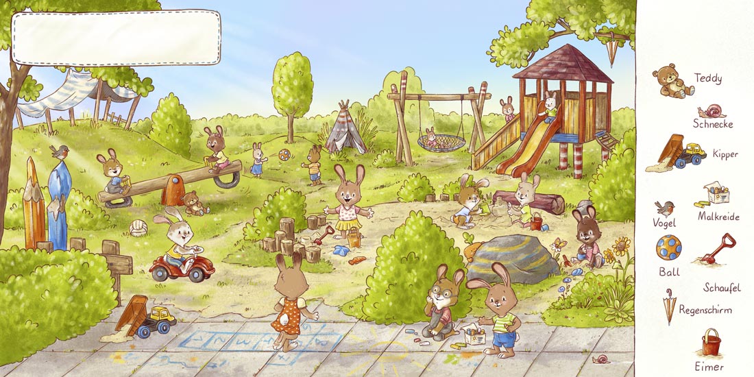 DS12 Pappbilderbuch "Lenni Langohr und Möhrchen - Im Kindergarten", Baumhausverlag, Wimmel-Suchseite